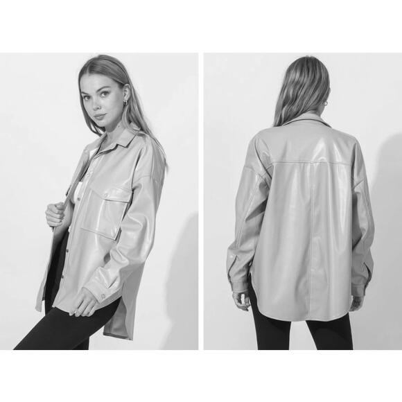 HYFVE Oversized Vegan Leather Button Up Long Sleeve Brown Jacket Women Sz L - Picture 4 of 10